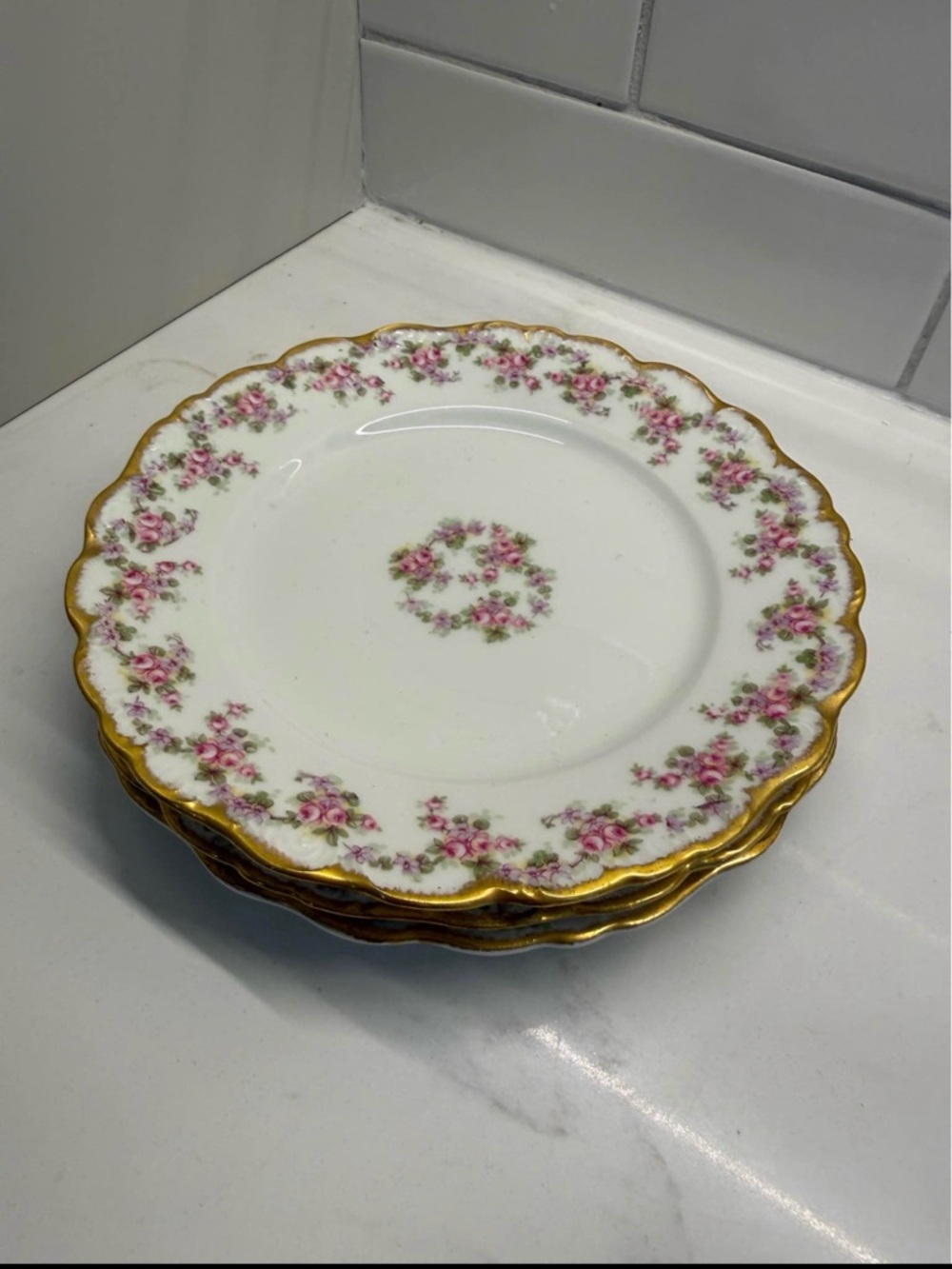 Antique Elite Works Limoges France plates (3) Pink Roses & Gold Gilt